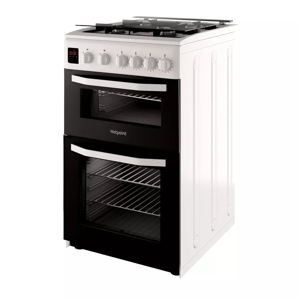 BRAND NEW Hotpoint HD5G00CCW 50cm Gas Cooker - Double Ovens, Grill & Hob, Lid