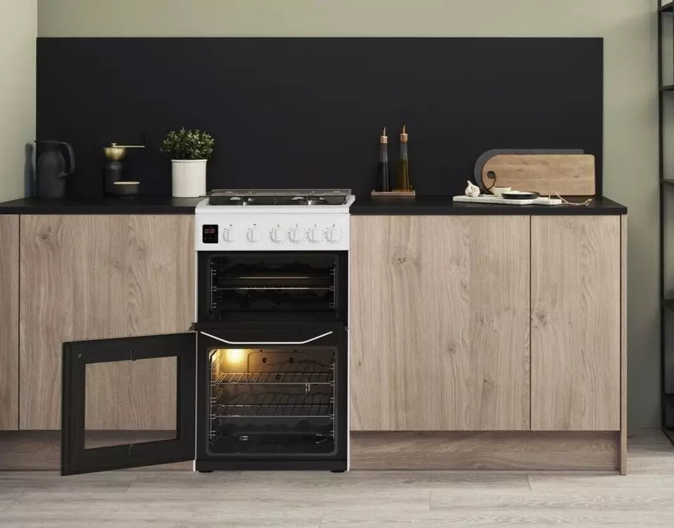 BRAND NEW Hotpoint HD5G00CCW 50cm Gas Cooker - Double Ovens, Grill & Hob, Lid